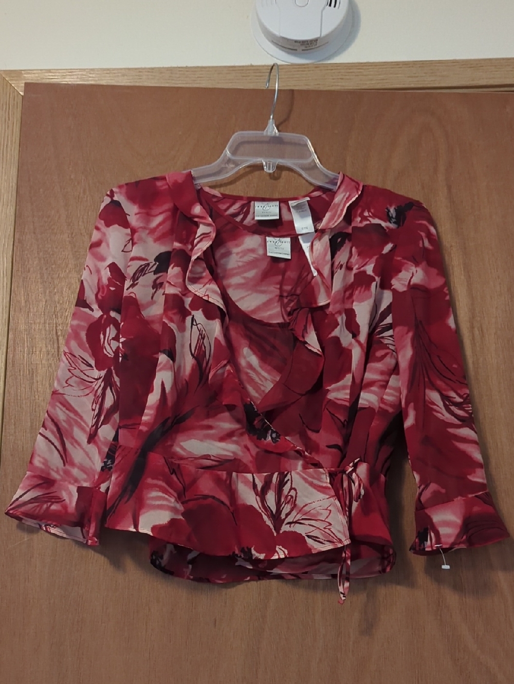 Emma James Red and Blush Floral Ruffle Wrap Blouse